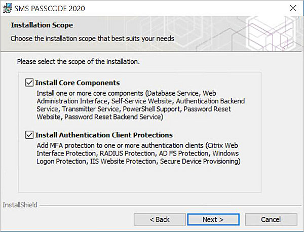 Installation Scope dialog box in SMS PASSCODE